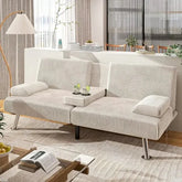 Shahoo Modern Upholstered Convertible Futon Sofa Bed - Removable Armrests, Metal Legs & Cup Holders - Himpall